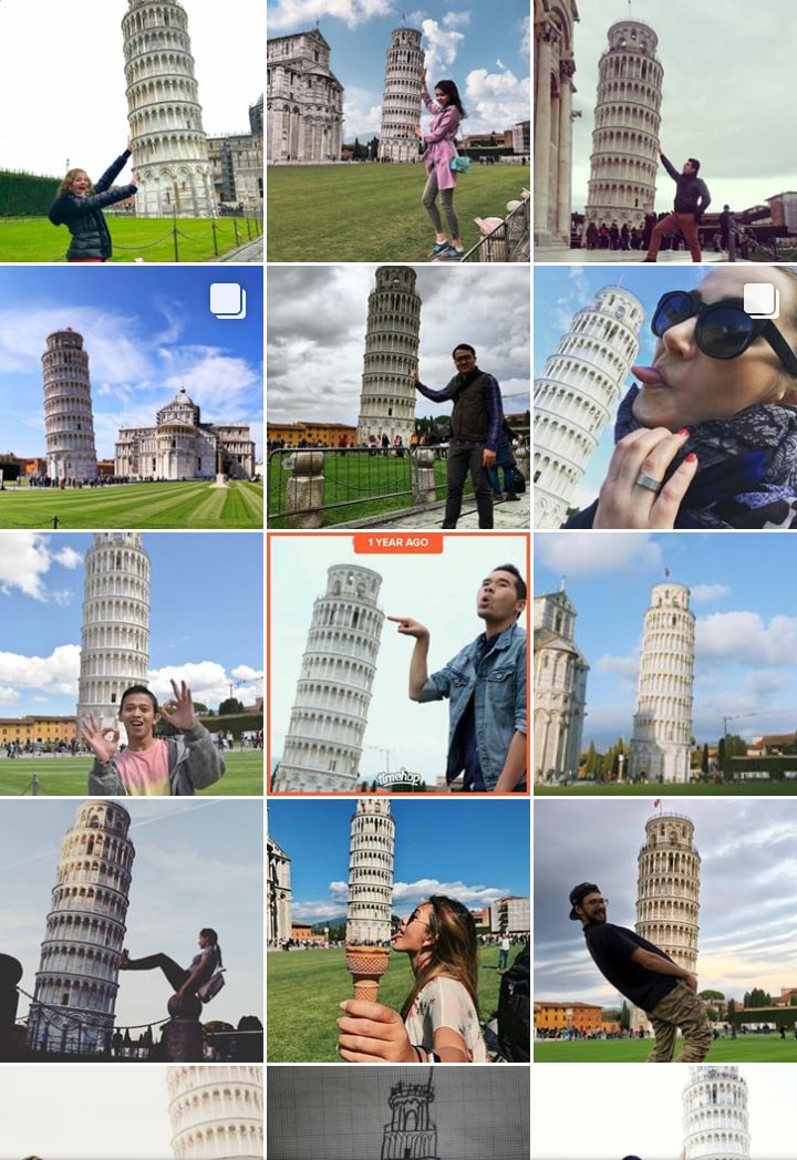 Zdjęcia ludzi na instagramie z wieżą w Pizie w tle